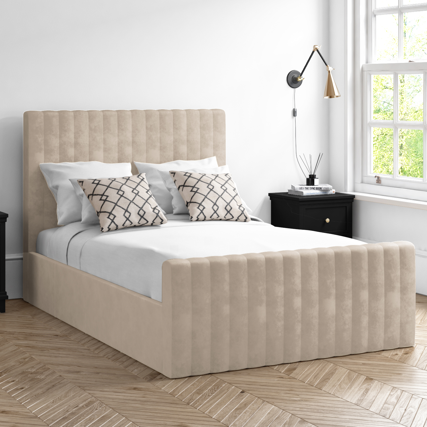 Read more about Side opening beige velvet double ottoman bed khloe